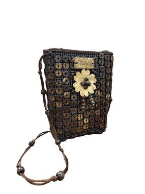 Handcrafted Coconut Shell Brown Crossbody Bag With Flower Accent & Strap